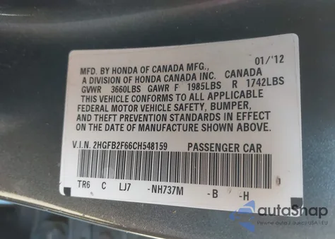 2012 Honda Civic Hf from USA, damaged, VIN 2HGFB2F66CH548159